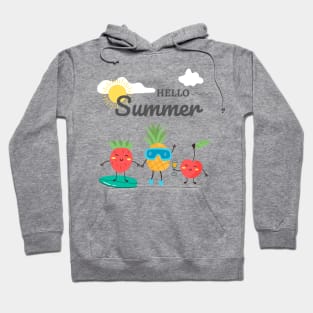 Hello Summer Cool design for summertime. Strawberry, cherry, pineapple with a beach landscape Hoodie